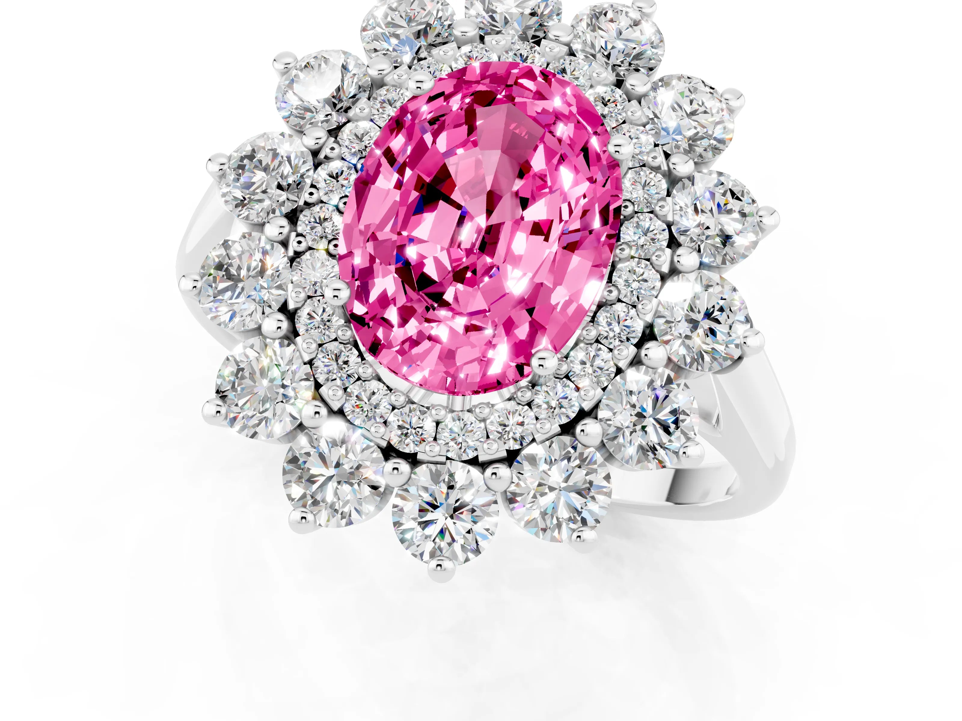 White gold Oval Cut Halo Cluster Diamond Ring with Pave Band and Four-Prong Setting_1