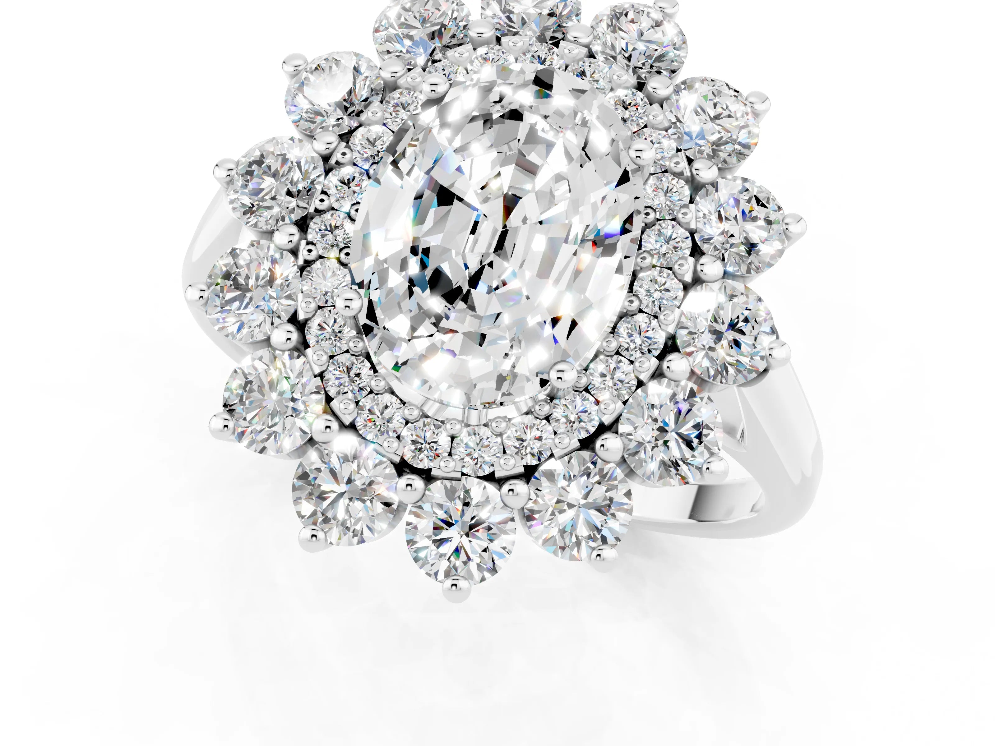 White gold Oval Cut Halo Cluster Diamond Ring with Pave Band and Four-Prong Setting_1