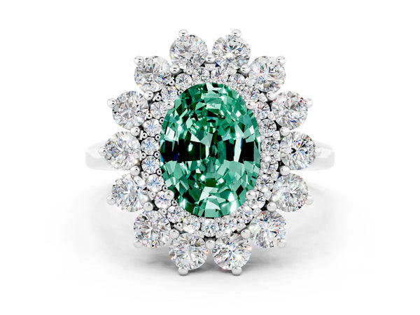 White gold Oval Cut Green Sapphire Floral Double Halo Engagement Ring with Prong Setting
