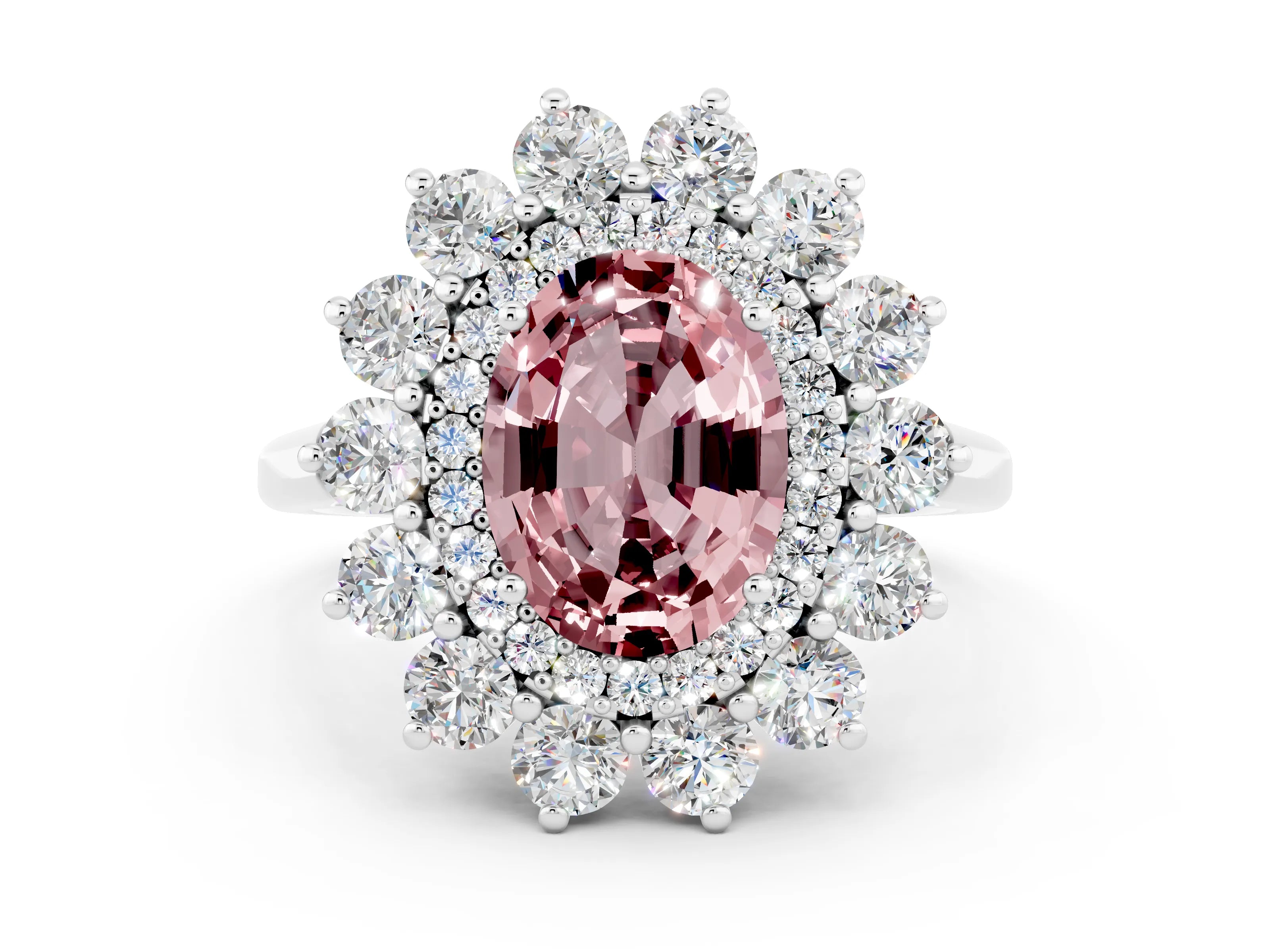 White gold Oval Cut Halo Cluster Diamond Ring with Pave Band and Four-Prong Setting
