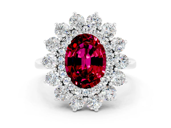 White gold Oval Cut Garnet Floral Double Halo Engagement Ring with Prong Setting