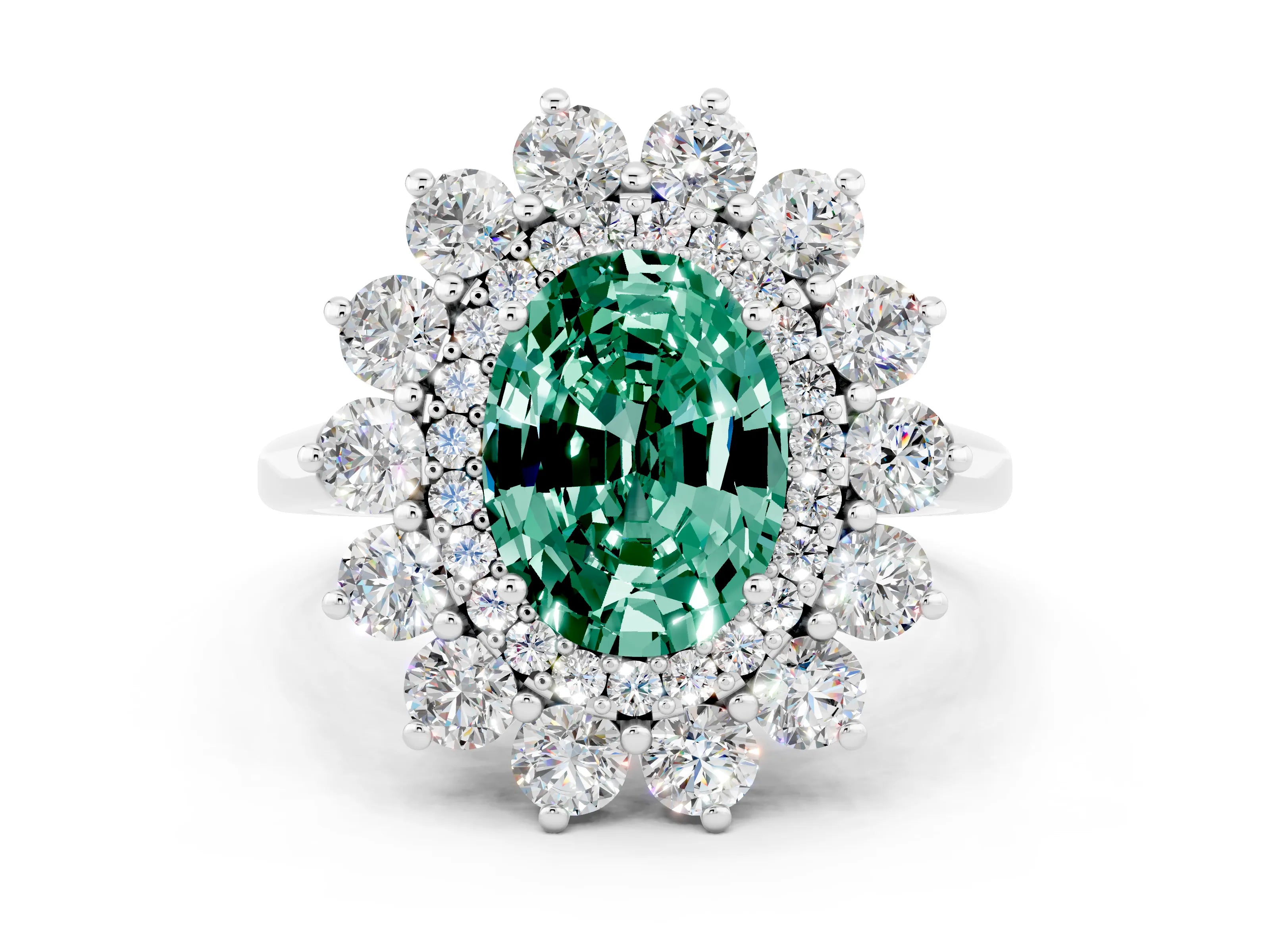 White gold Oval Cut Halo Cluster Diamond Ring with Pave Band and Four-Prong Setting_24
