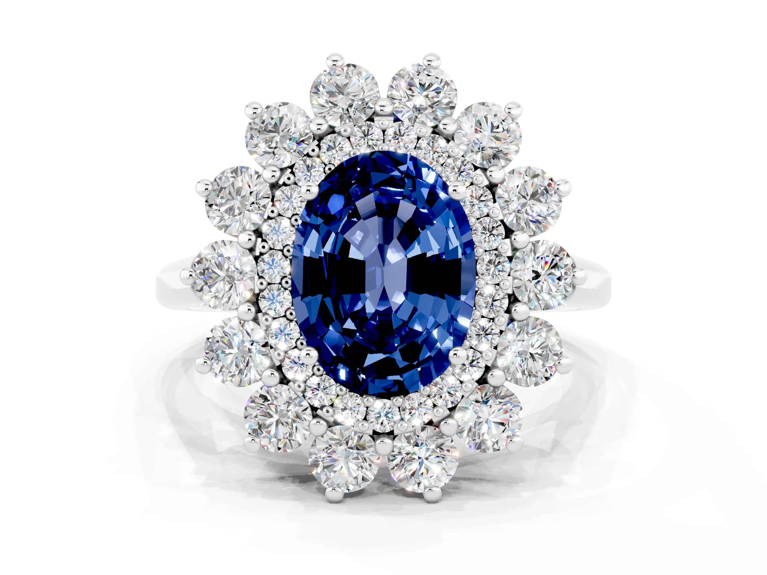 White gold Oval Cut Halo Cluster Diamond Ring with Pave Band and Four-Prong Setting_24