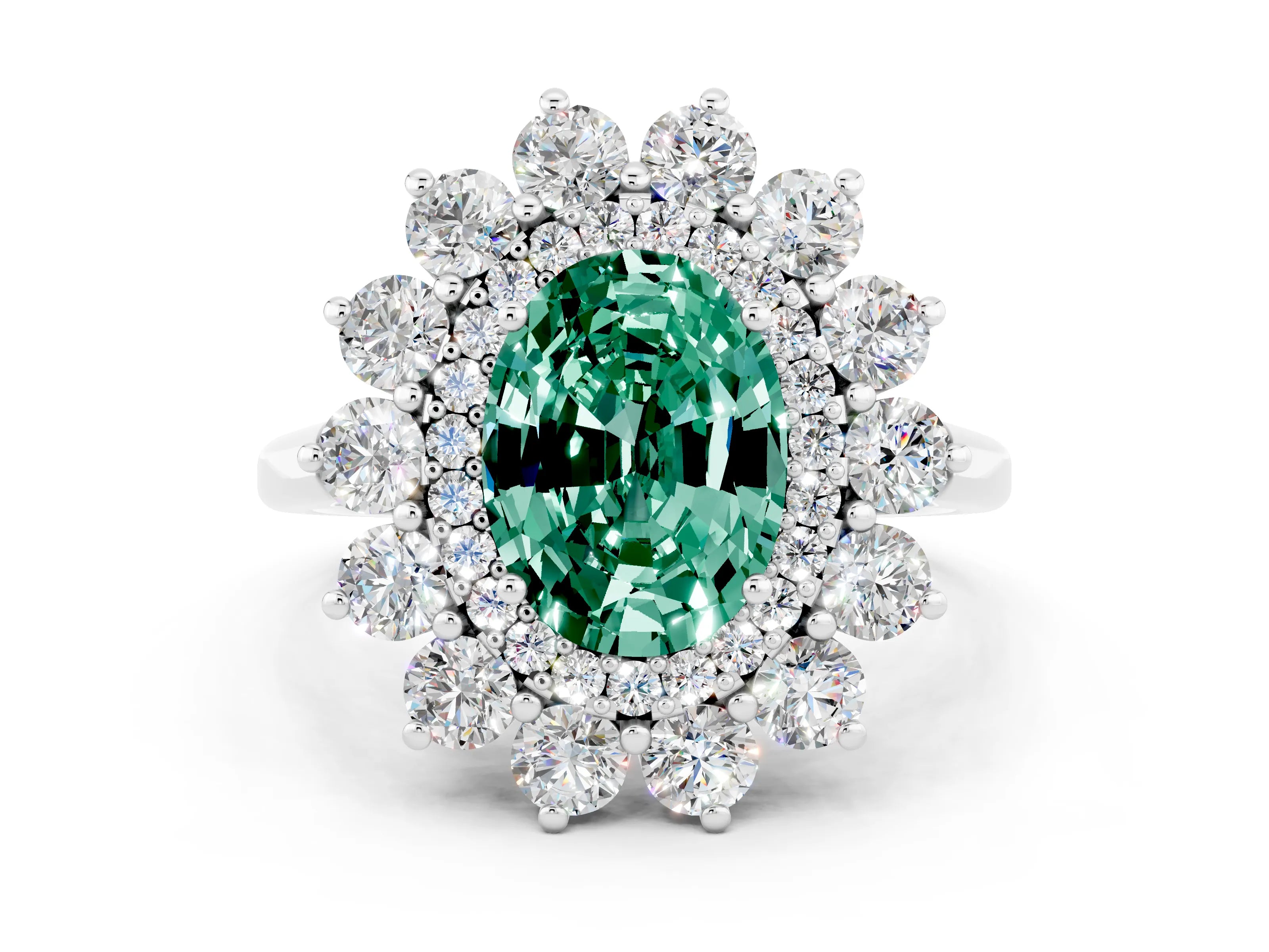 White gold Oval Cut Halo Cluster Diamond Ring with Pave Band and Four-Prong Setting_24