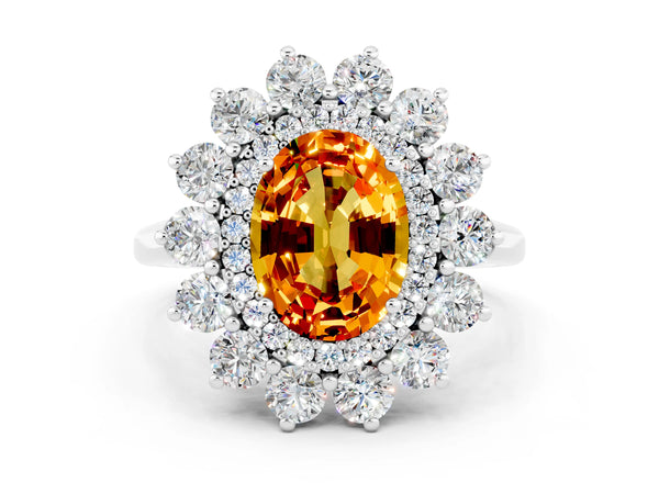 Platinum Oval Cut Citrine Floral Double Halo Engagement Ring with Prong Setting