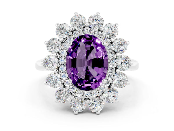 Platinum Oval Cut Amethyst Floral Double Halo Engagement Ring with Prong Setting