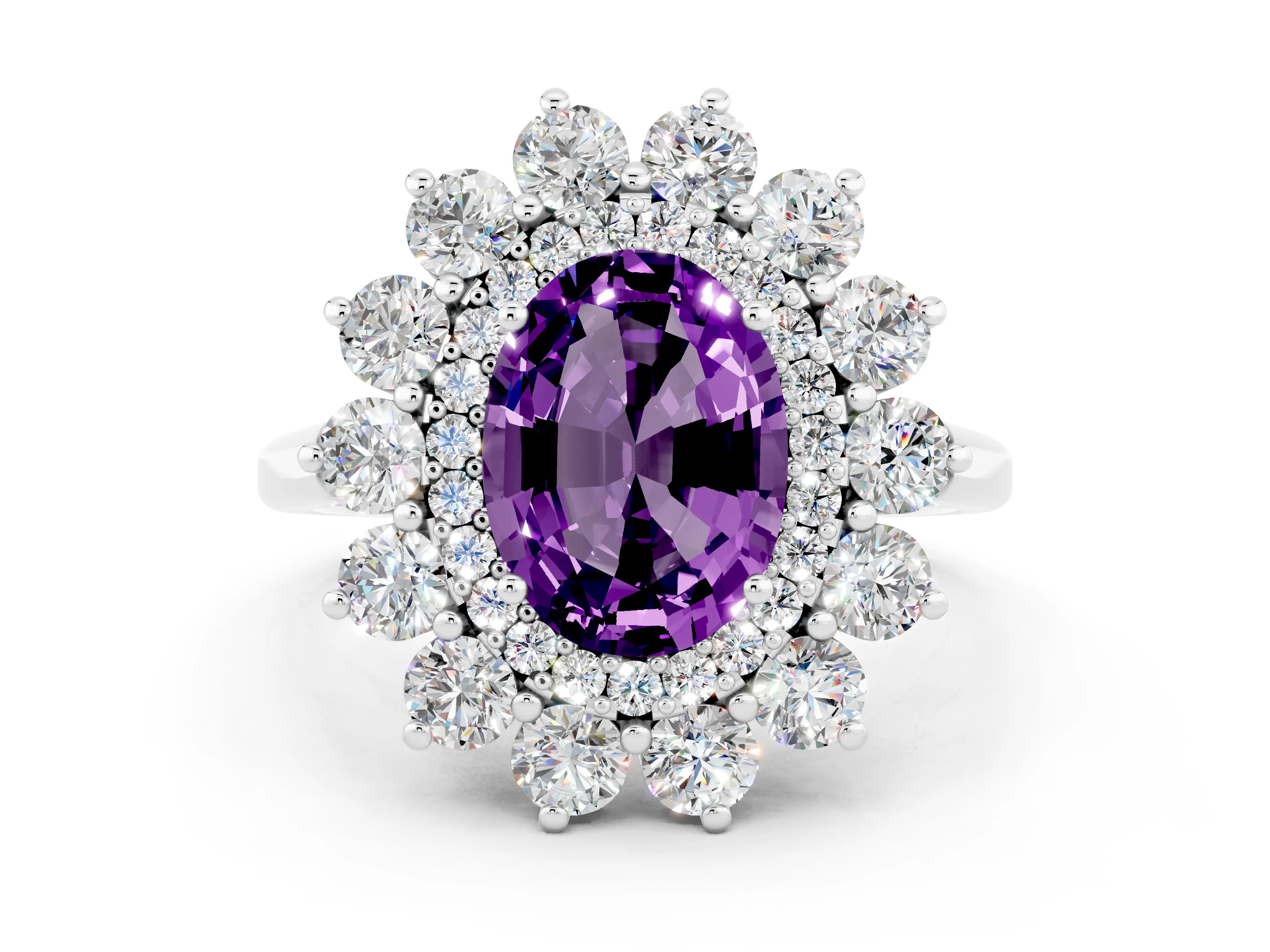 White gold Oval Cut Halo Cluster Diamond Ring with Pave Band and Four-Prong Setting_24