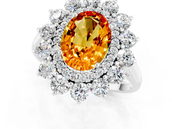 Platinum Oval Cut Citrine Floral Double Halo Engagement Ring with Prong Setting
