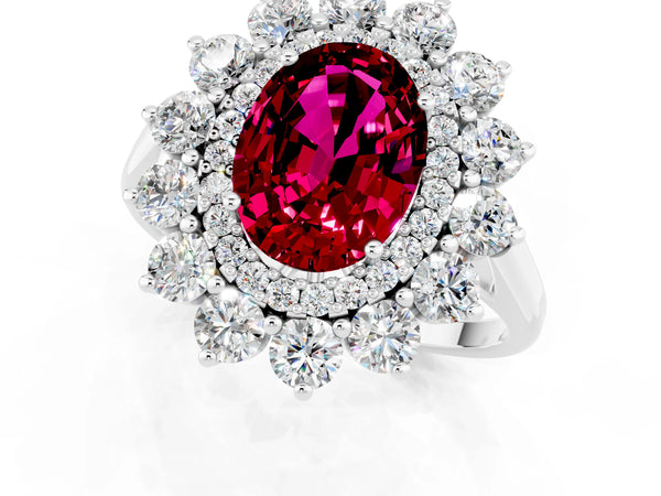 Platinum Oval Cut Garnet Floral Double Halo Engagement Ring with Prong Setting