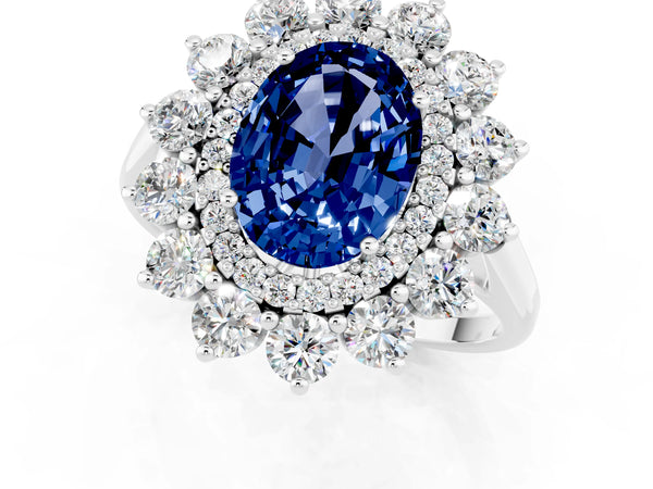 Silver Oval Cut Blue Sapphire Floral Double Halo Engagement Ring with Prong Setting