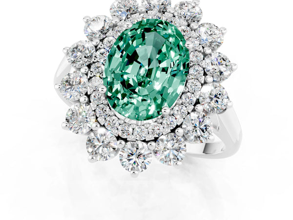 Silver Oval Cut Green Sapphire Floral Double Halo Engagement Ring with Prong Setting