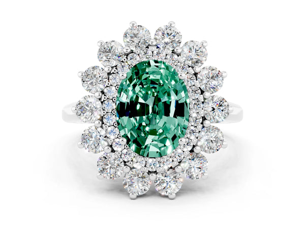 White gold Oval Cut Green Sapphire Floral Double Halo Engagement Ring with Prong Setting