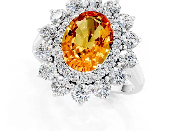 Platinum Oval Cut Citrine Floral Double Halo Engagement Ring with Prong Setting