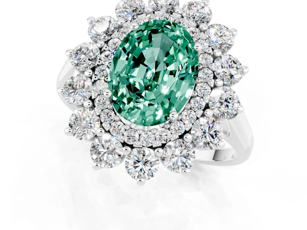 White gold Oval Cut Green Sapphire Floral Double Halo Engagement Ring with Prong Setting