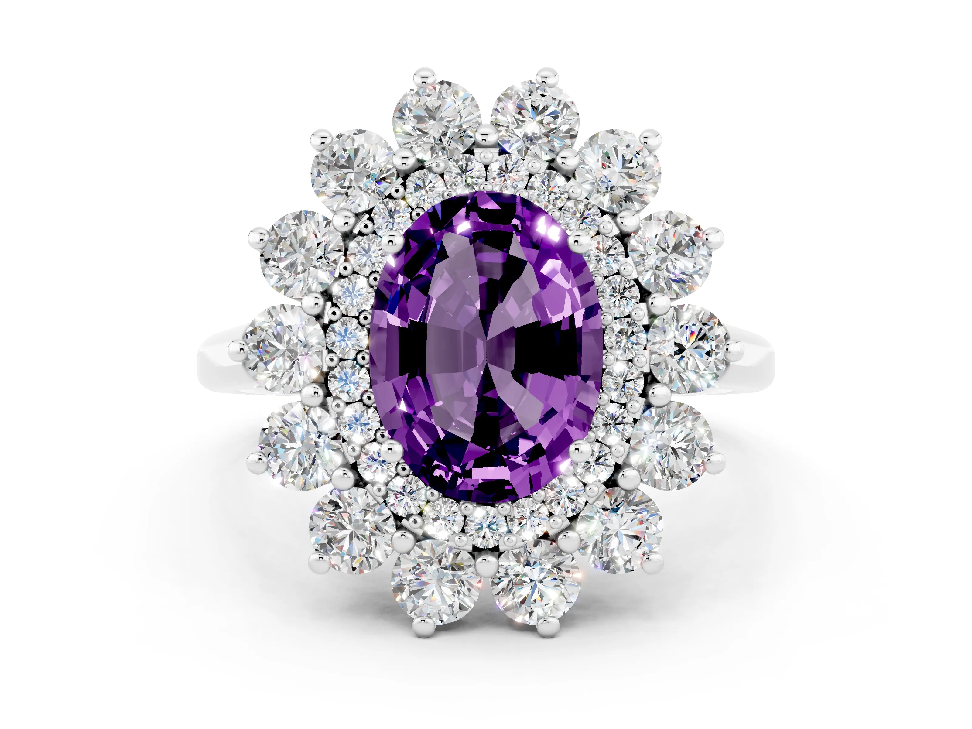 White gold Oval Cut Halo Cluster Diamond Ring with Pave Band and Four-Prong Setting_27