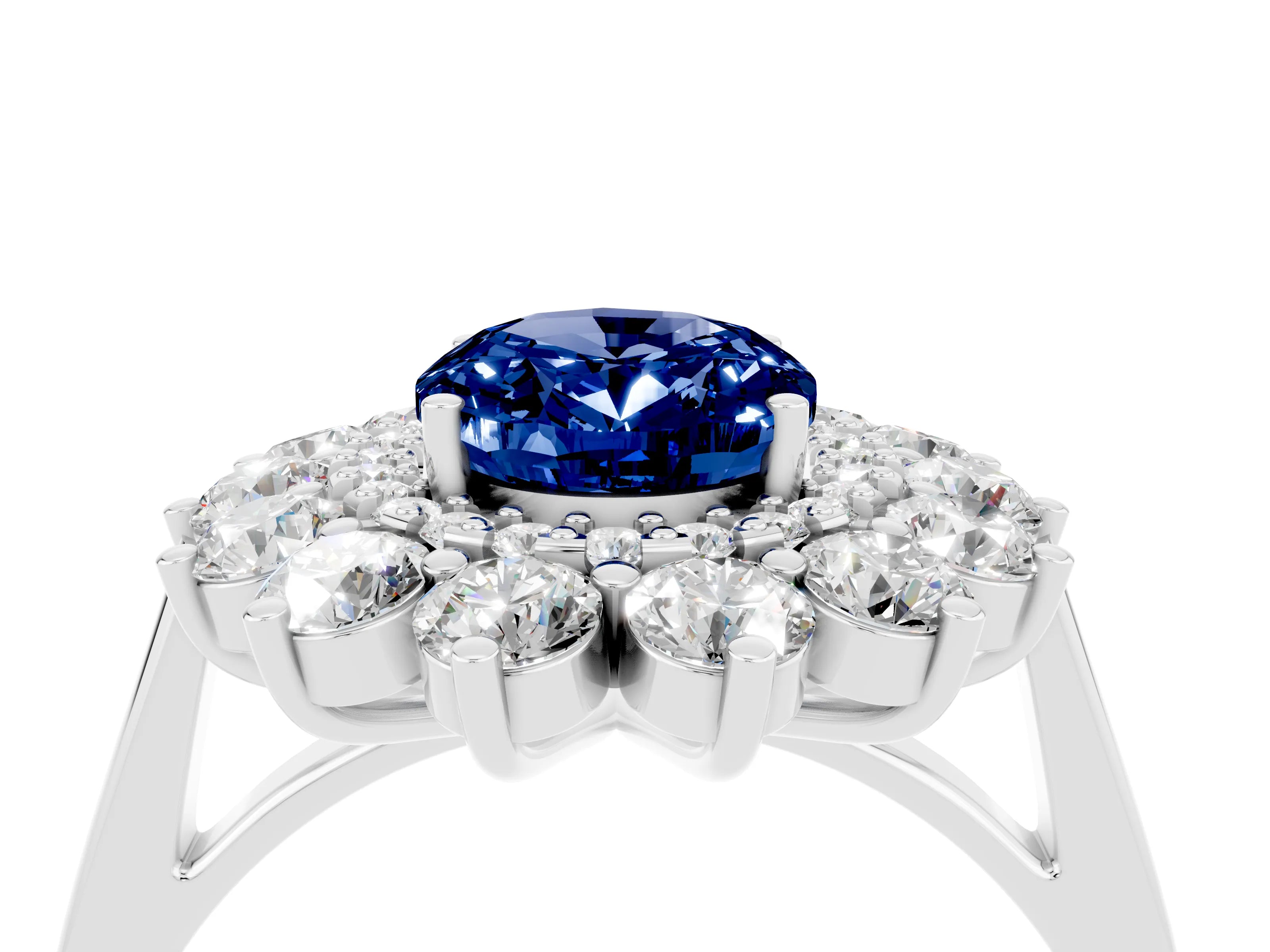 White gold Oval Cut Halo Cluster Diamond Ring with Pave Band and Four-Prong Setting_28