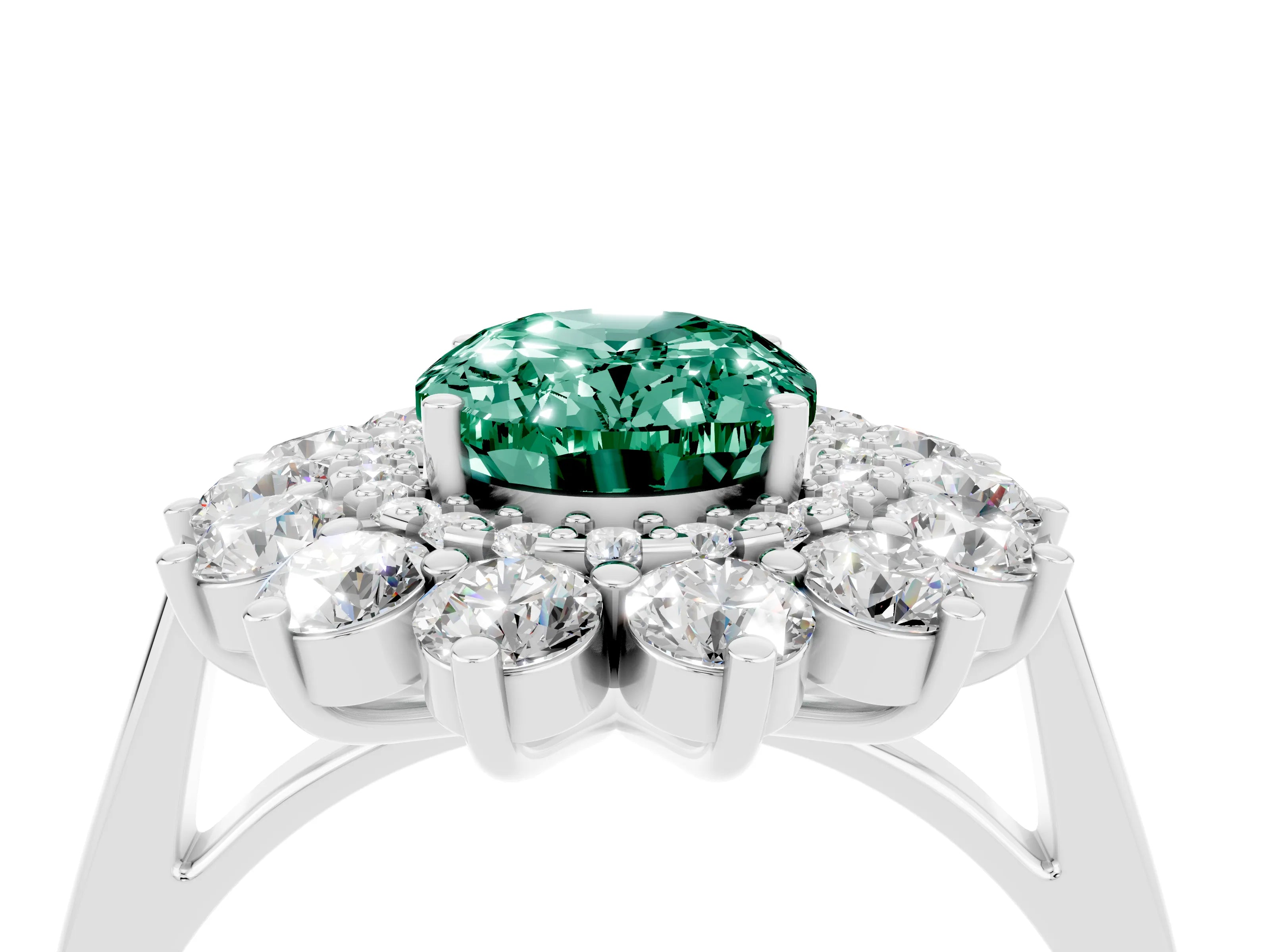 White gold Oval Cut Halo Cluster Diamond Ring with Pave Band and Four-Prong Setting_28