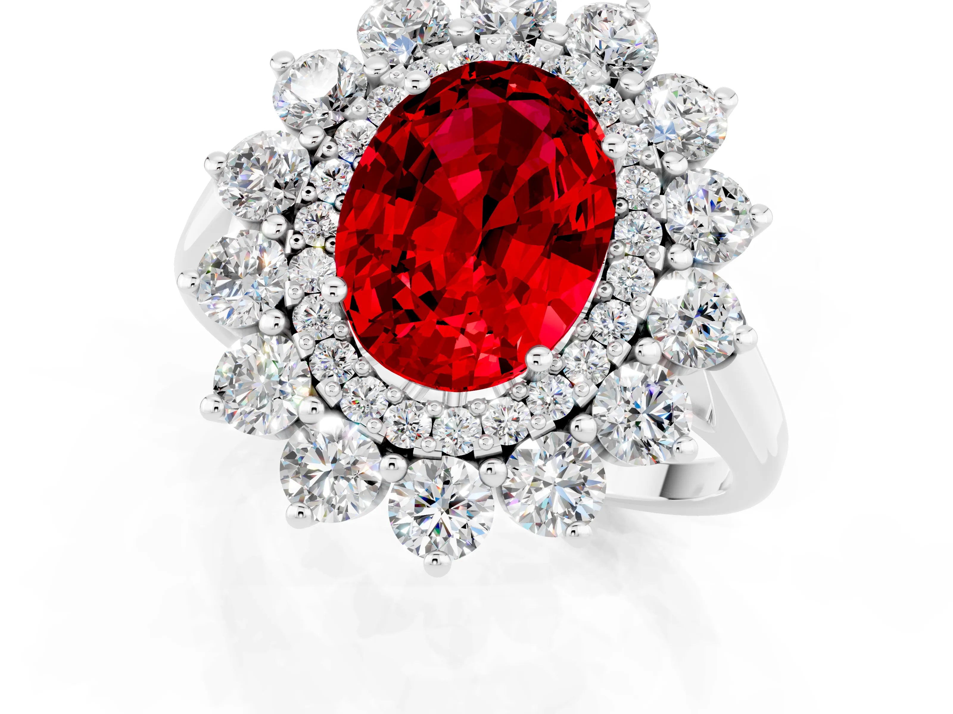 White gold Oval Cut Halo Cluster Diamond Ring with Pave Band and Four-Prong Setting_28