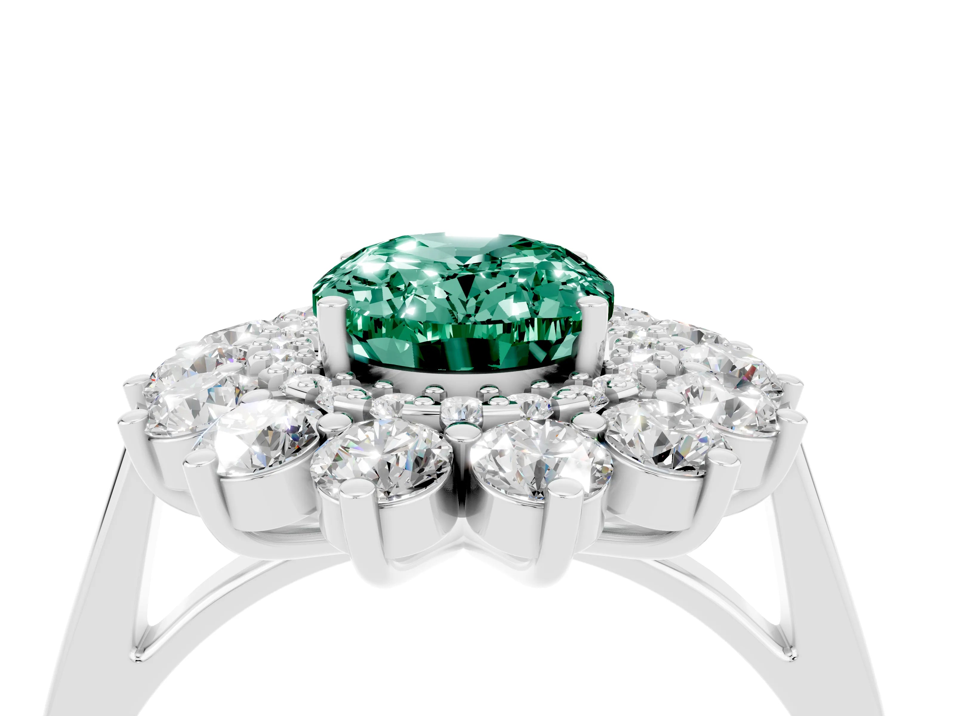 White gold Oval Cut Halo Cluster Diamond Ring with Pave Band and Four-Prong Setting_28