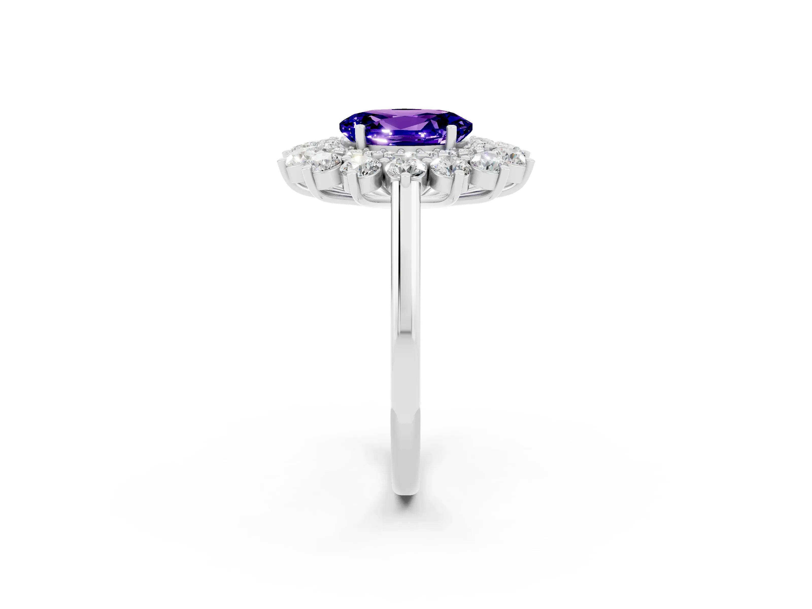 White gold Oval Cut Halo Cluster Diamond Ring with Pave Band and Four-Prong Setting_2