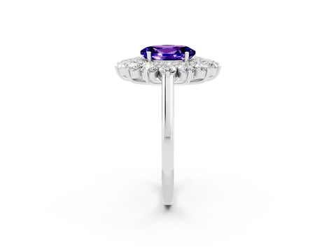 White gold Oval Cut Halo Cluster Diamond Ring with Pave Band and Four-Prong Setting_2