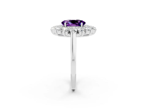 White gold Oval Cut Halo Cluster Diamond Ring with Pave Band and Four-Prong Setting_2