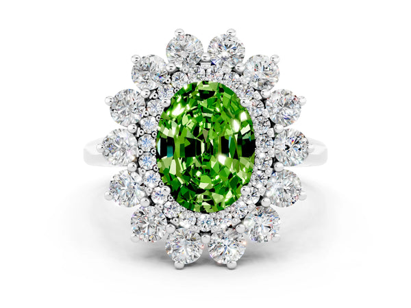 Platinum Oval Cut Halo Cluster Diamond Ring with Pave Band and Four-Prong Setting
