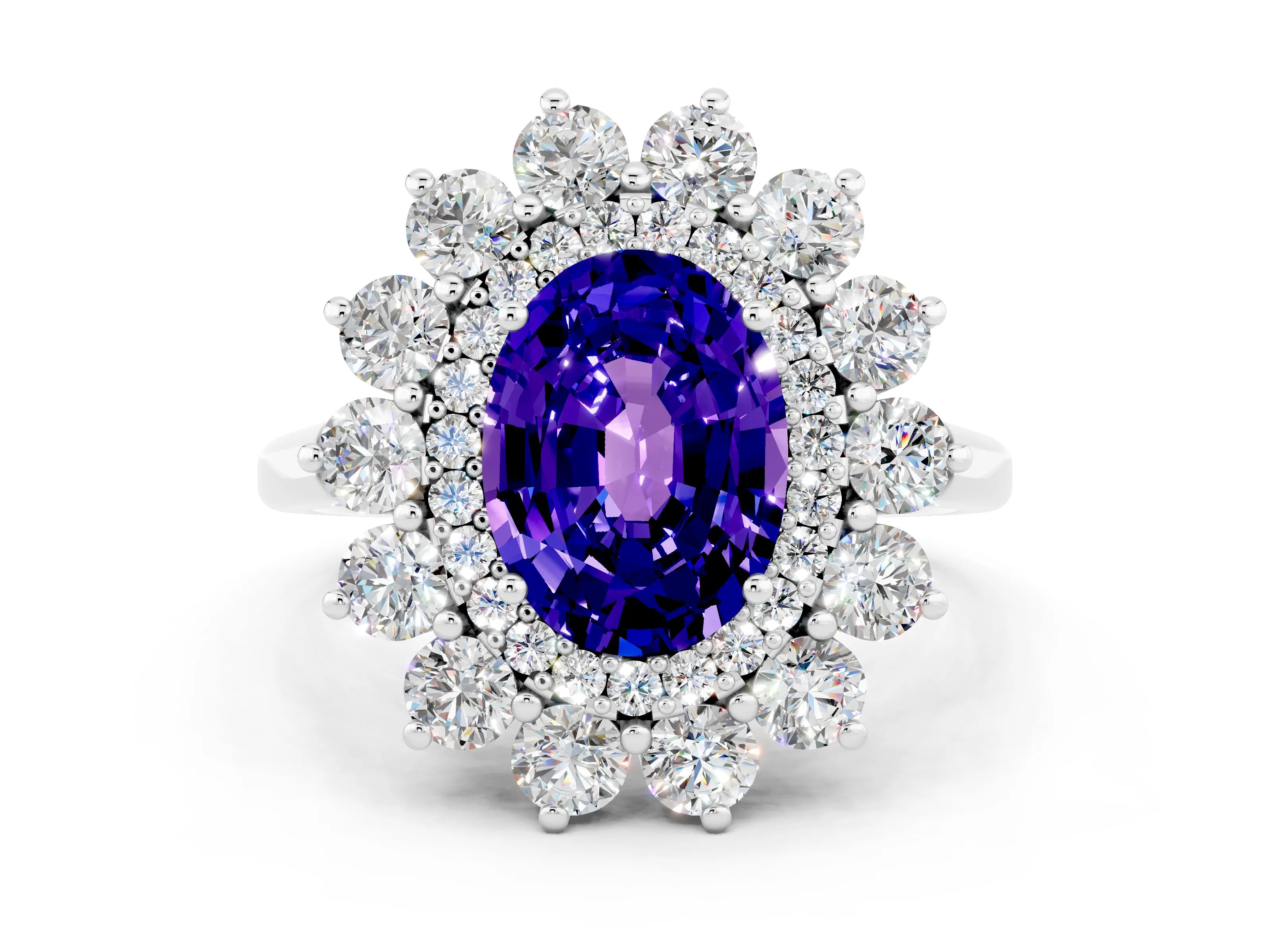White gold Oval Cut Halo Cluster Diamond Ring with Pave Band and Four-Prong Setting