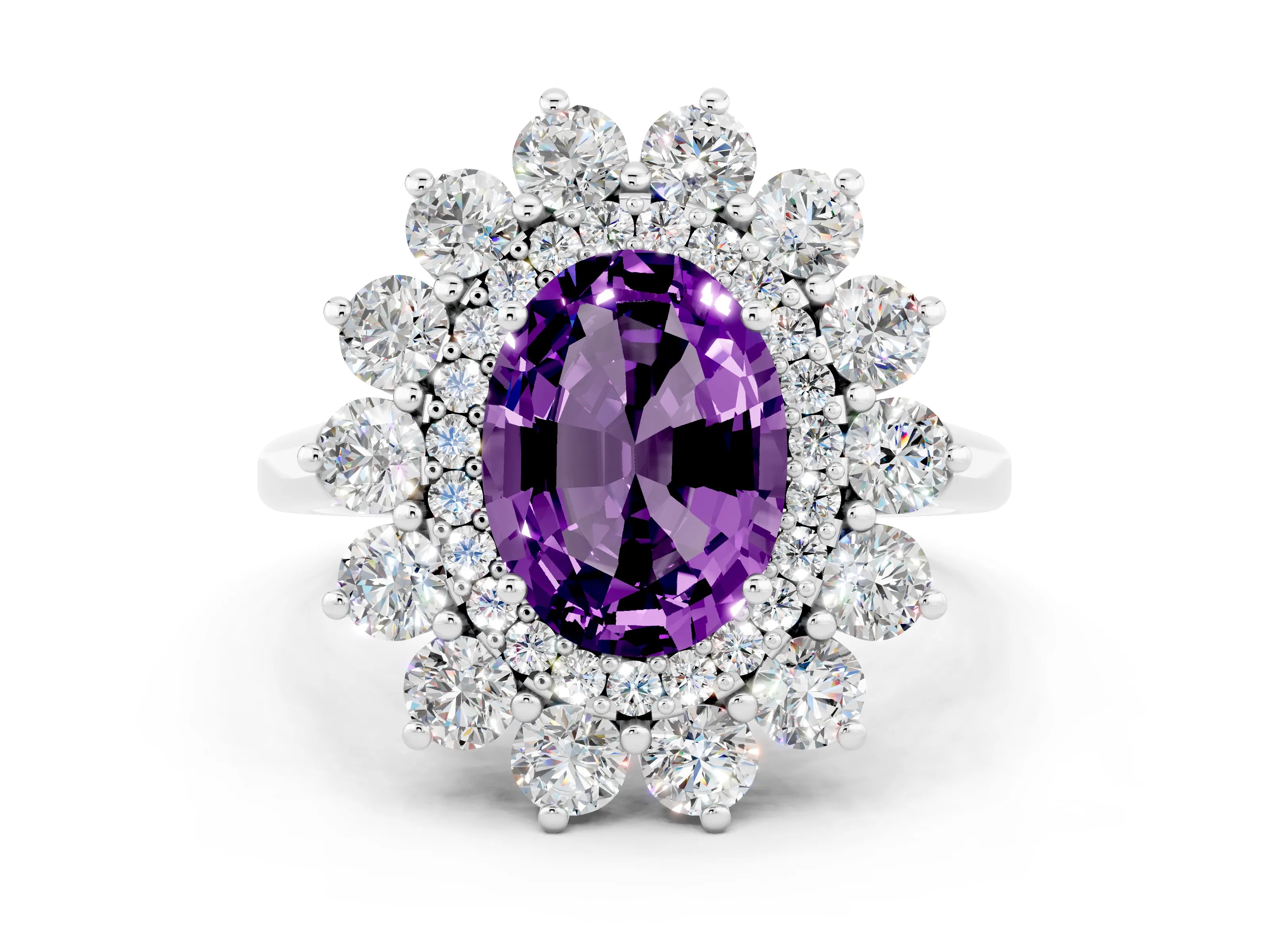 White gold Oval Cut Halo Cluster Diamond Ring with Pave Band and Four-Prong Setting_30