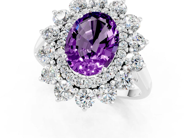 White gold Oval Cut Amethyst Floral Double Halo Engagement Ring with Prong Setting