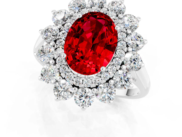 Silver Oval Cut Ruby Floral Double Halo Engagement Ring with Prong Setting