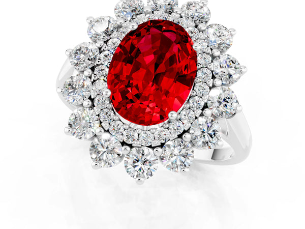 White gold Oval Cut Ruby Floral Double Halo Engagement Ring with Prong Setting