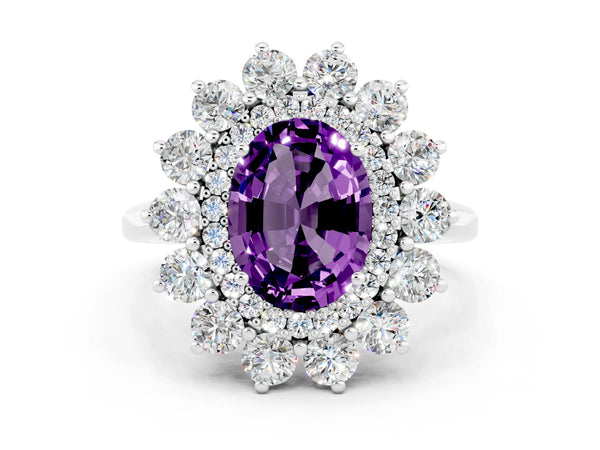 Silver Oval Cut Amethyst Floral Double Halo Engagement Ring with Prong Setting
