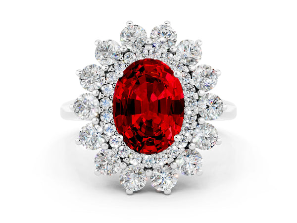 Platinum Oval Cut Ruby Floral Double Halo Engagement Ring with Prong Setting