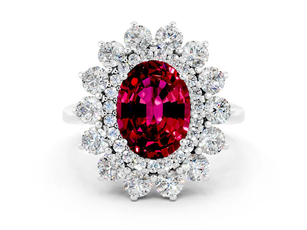 Silver Oval Cut Garnet Floral Double Halo Engagement Ring with Prong Setting