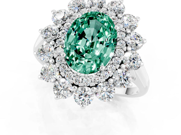 Platinum Oval Cut Halo Cluster Diamond Ring with Pave Band and Four-Prong Setting