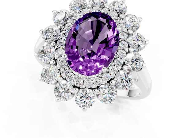 Platinum Oval Cut Amethyst Floral Double Halo Engagement Ring with Prong Setting
