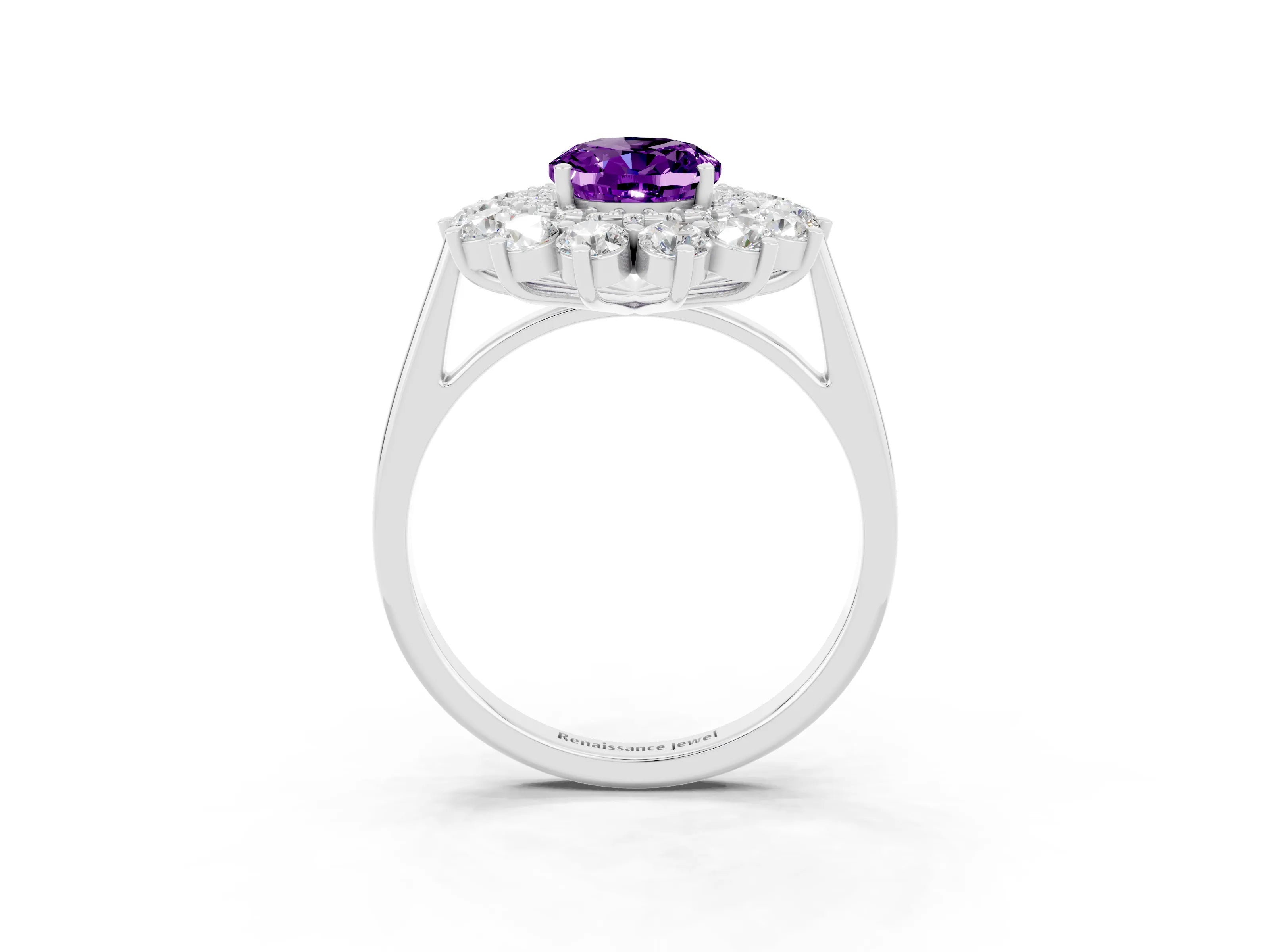 White gold Oval Cut Halo Cluster Diamond Ring with Pave Band and Four-Prong Setting_38