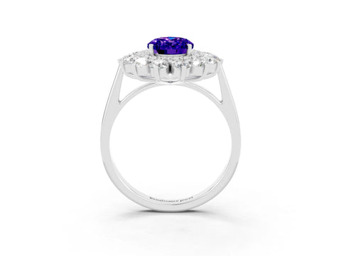 White gold Oval Cut Halo Cluster Diamond Ring with Pave Band and Four-Prong Setting_3