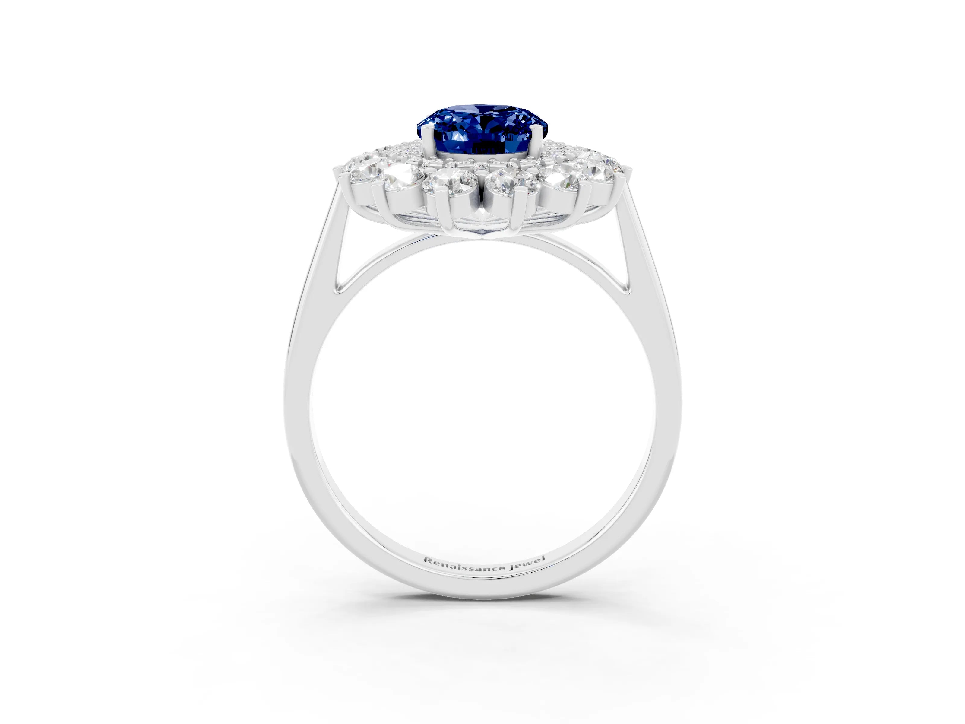 White gold Oval Cut Halo Cluster Diamond Ring with Pave Band and Four-Prong Setting_3