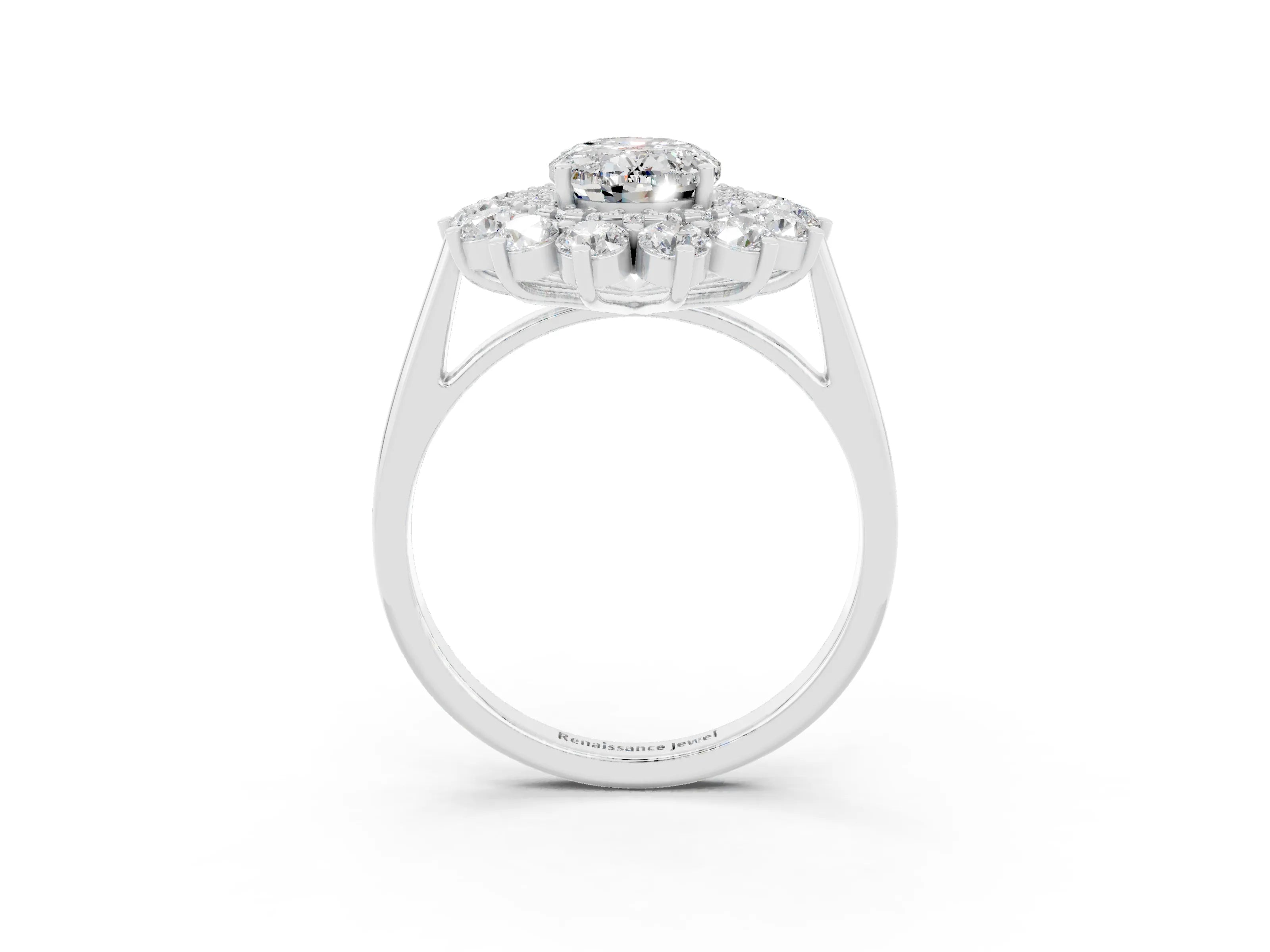 White gold Oval Cut Halo Cluster Diamond Ring with Pave Band and Four-Prong Setting_3