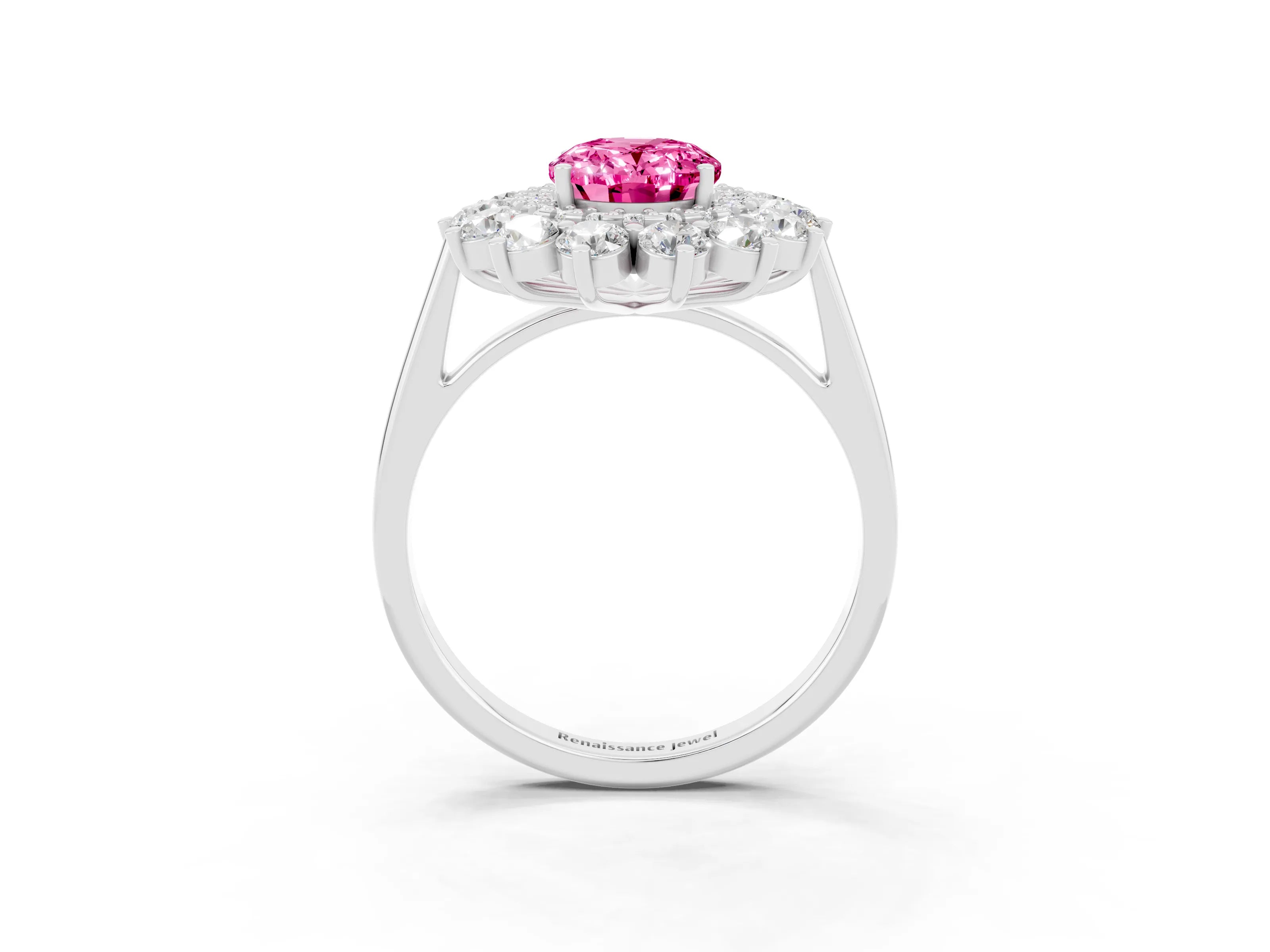 White gold Oval Cut Halo Cluster Diamond Ring with Pave Band and Four-Prong Setting_3