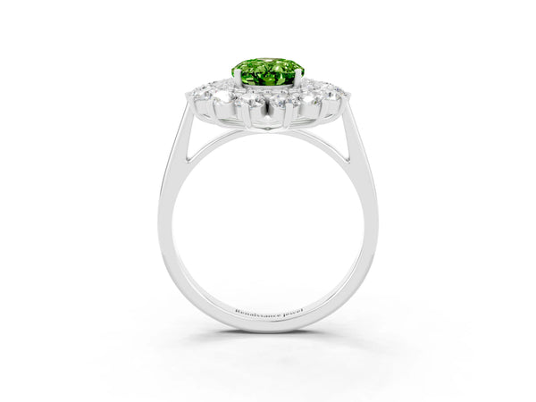 Platinum Oval Cut Halo Cluster Diamond Ring with Pave Band and Four-Prong Setting