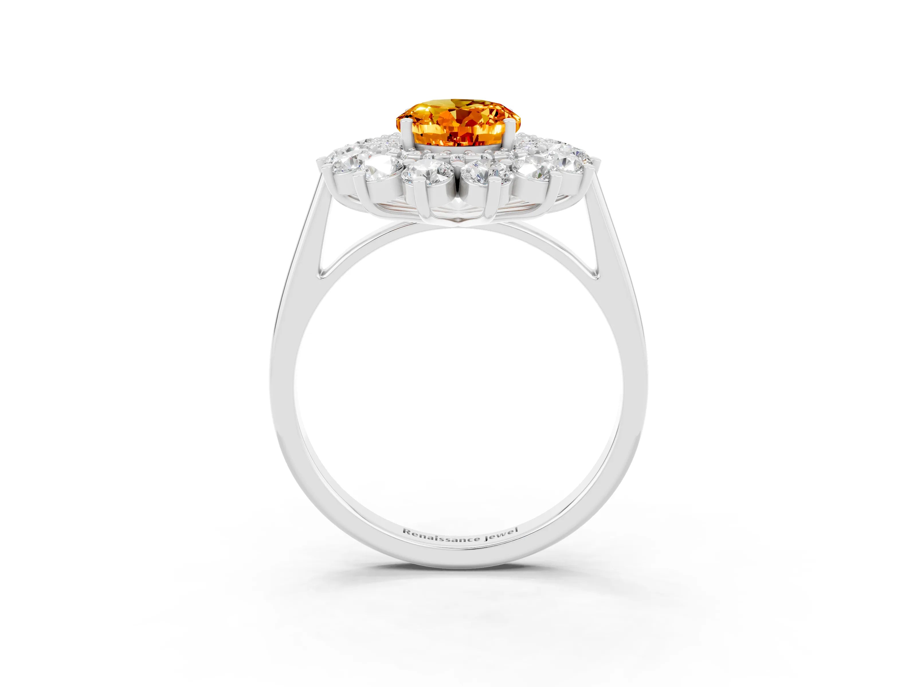 White gold Oval Cut Halo Cluster Diamond Ring with Pave Band and Four-Prong Setting_3