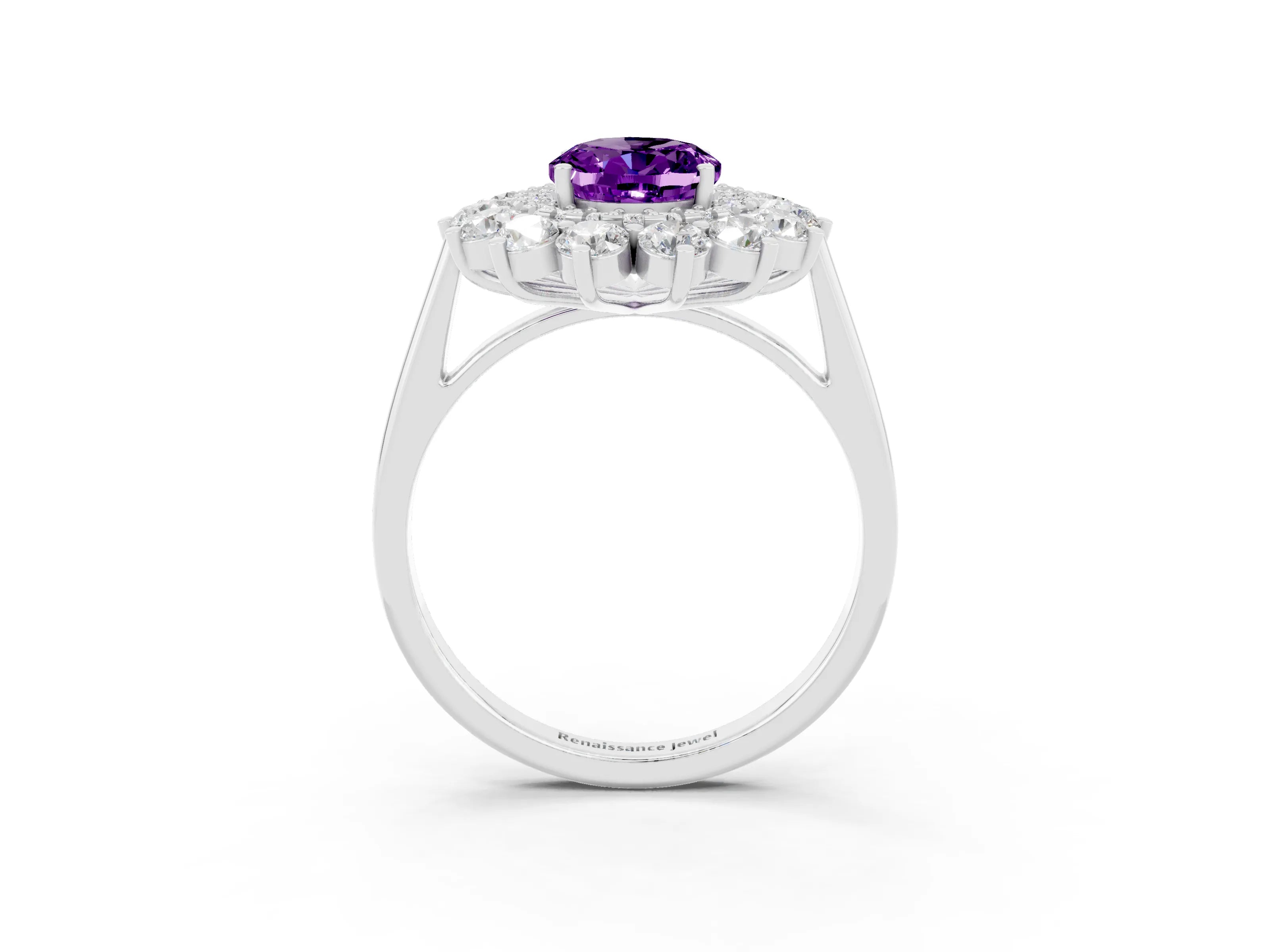 White gold Oval Cut Halo Cluster Diamond Ring with Pave Band and Four-Prong Setting_3