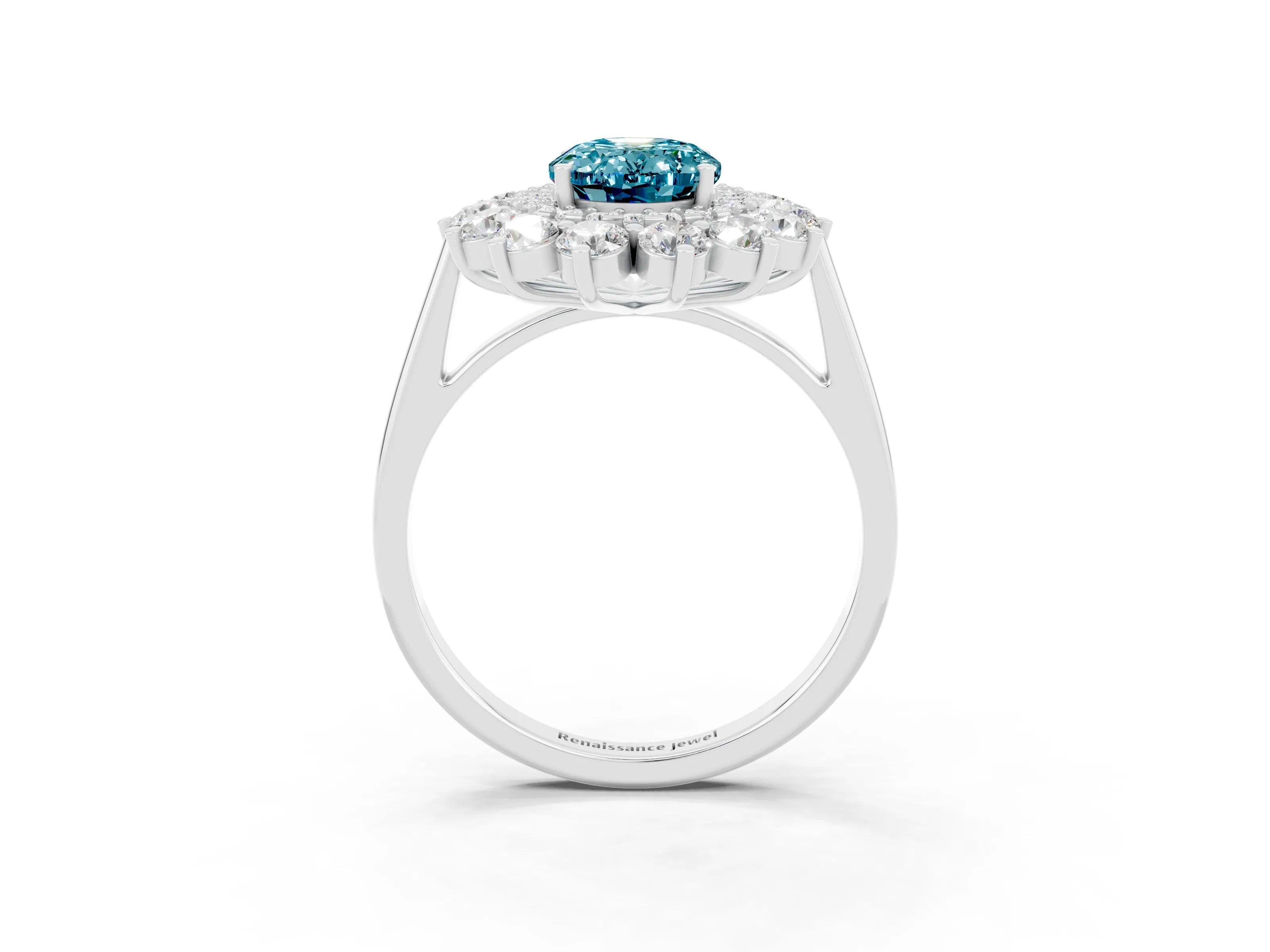 White gold Oval Cut Halo Cluster Diamond Ring with Pave Band and Four-Prong Setting_3
