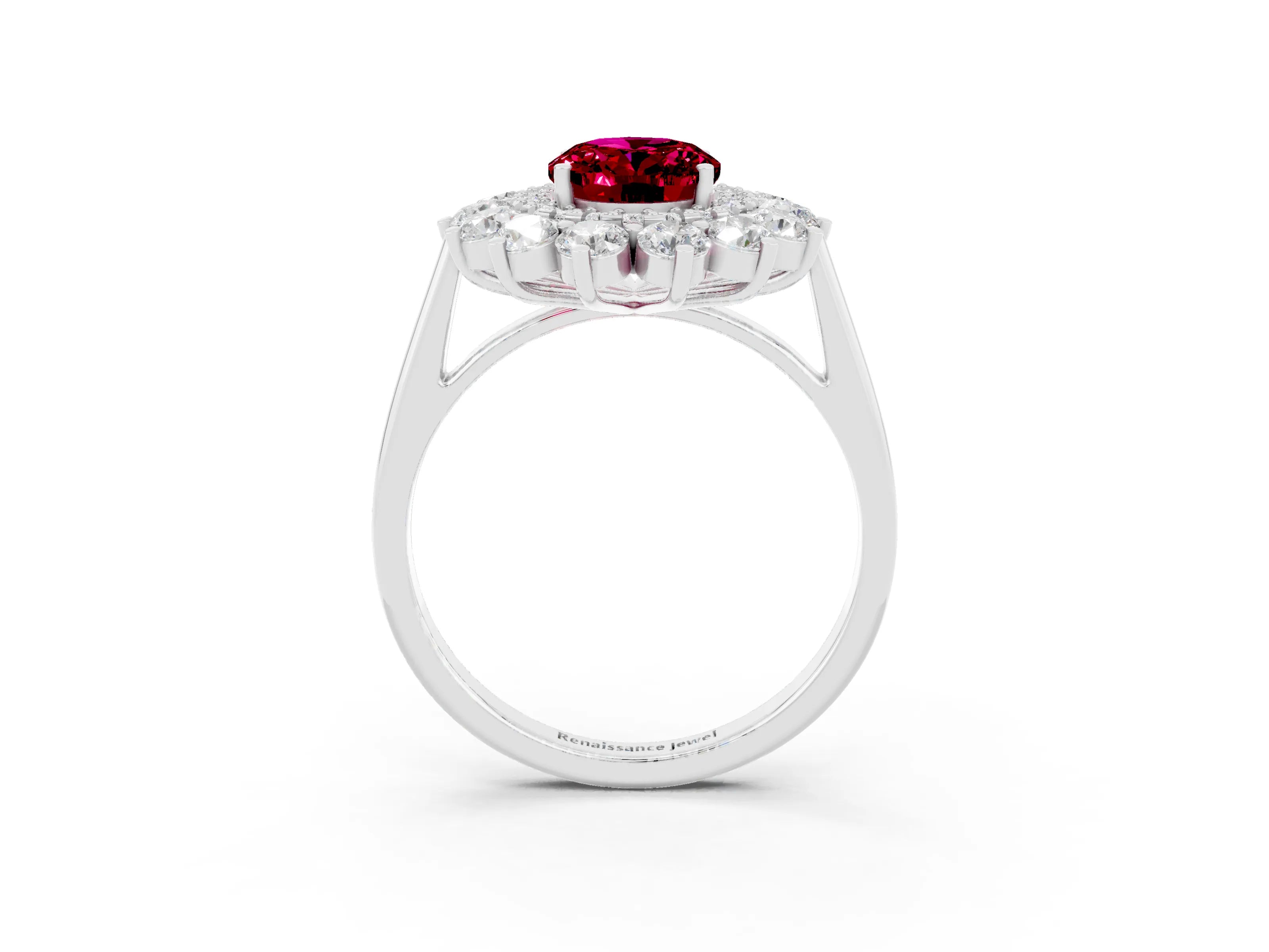 White gold Oval Cut Halo Cluster Diamond Ring with Pave Band and Four-Prong Setting_3
