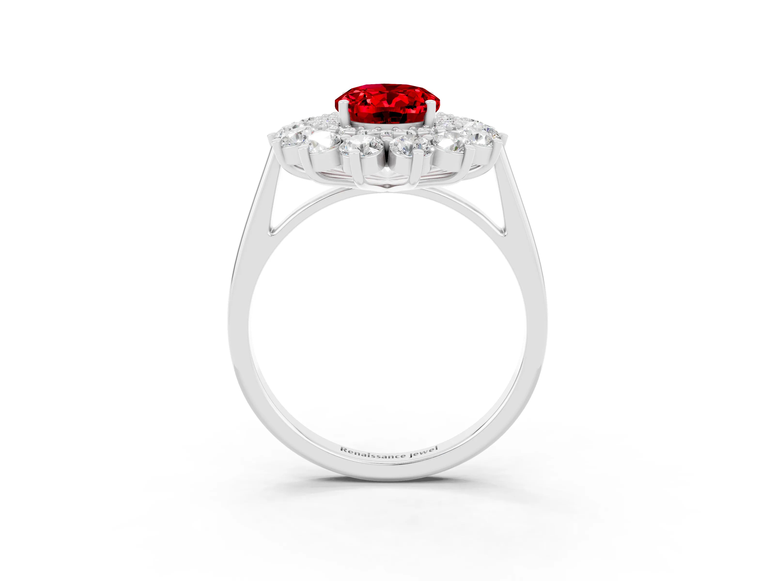 White gold Oval Cut Halo Cluster Diamond Ring with Pave Band and Four-Prong Setting_3