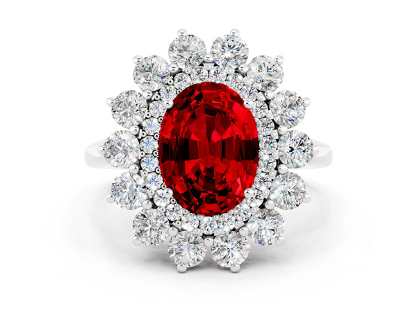 Platinum Oval Cut Ruby Floral Double Halo Engagement Ring with Prong Setting
