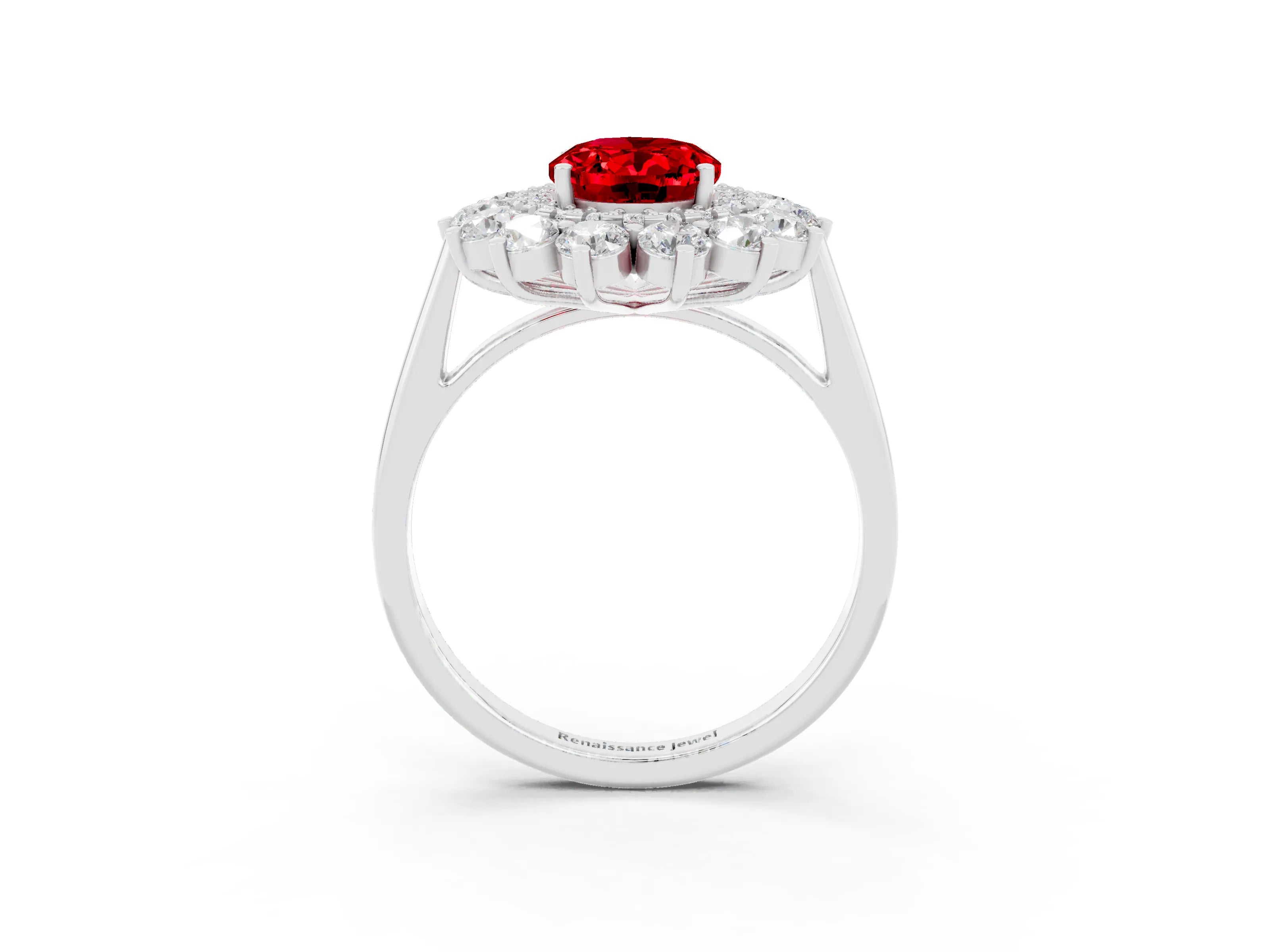 White gold Oval Cut Halo Cluster Diamond Ring with Pave Band and Four-Prong Setting_44